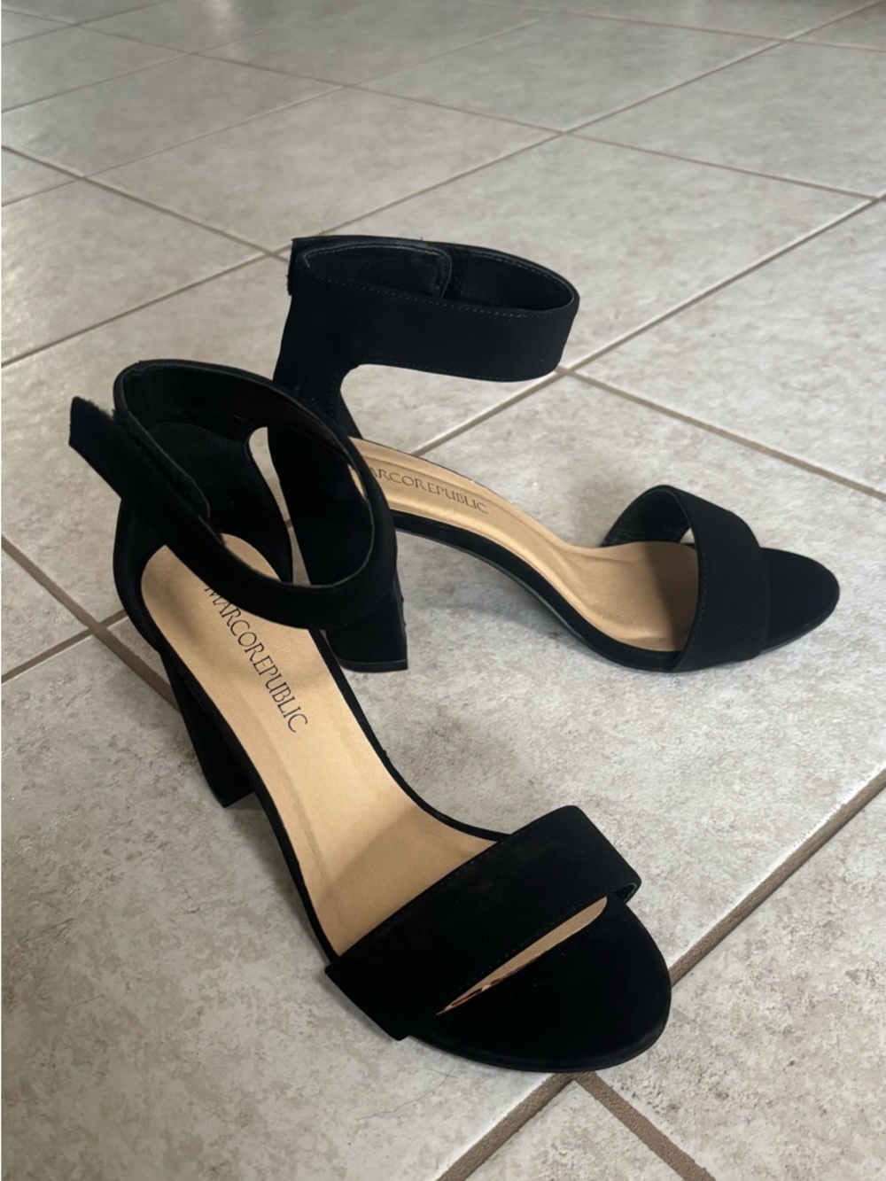 Marc Republic Size 8 Black Suede Corduroy Ankle-Strap Block Heels